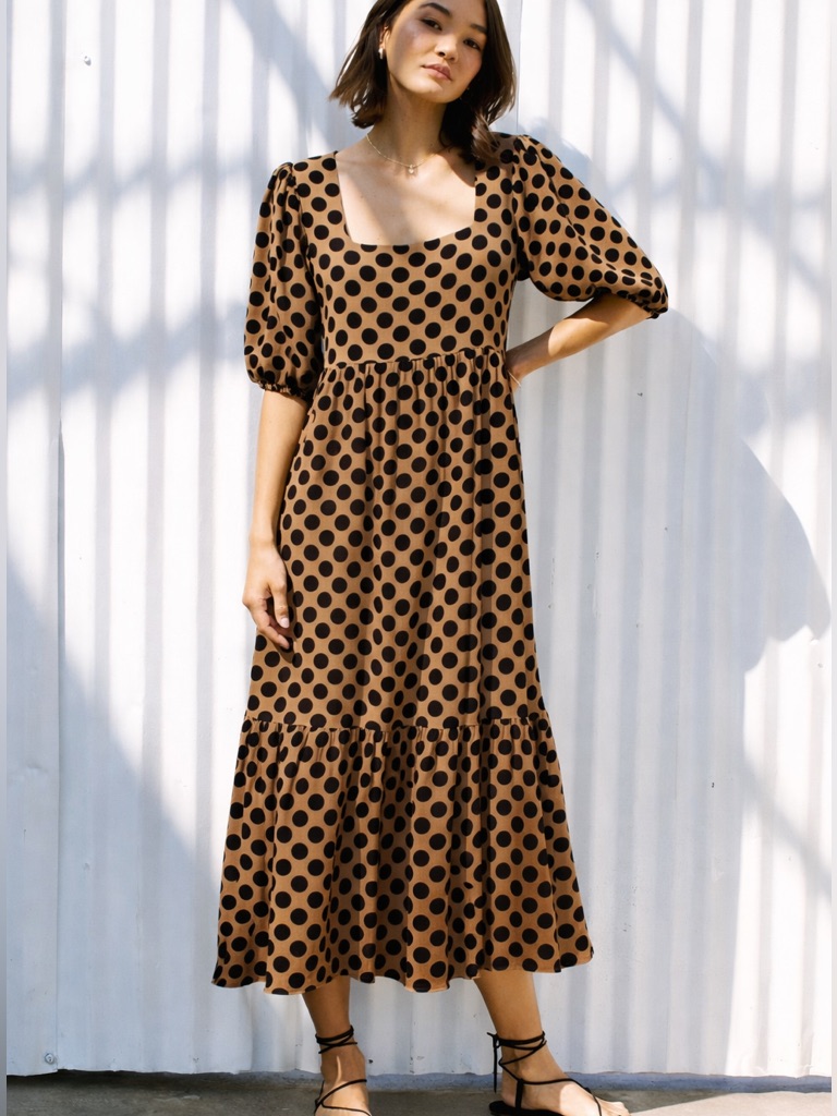 Rachel Pally Mae Dress Xl Black Taupe Polka Dot Midi Square Neck Discontinued